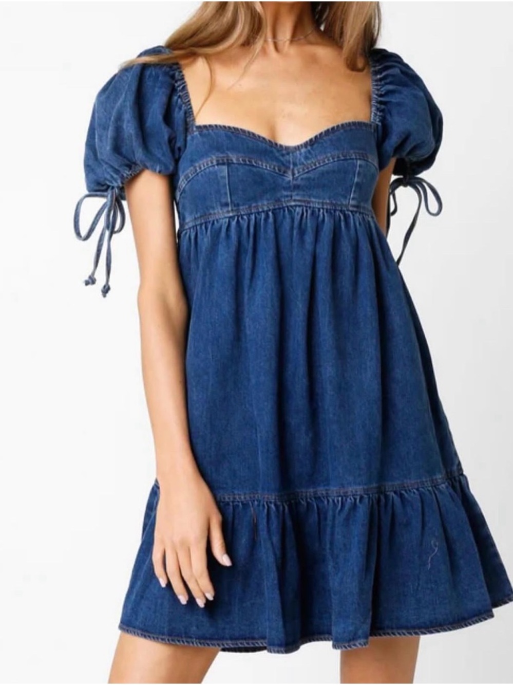 Denim Puff-Sleeve Mini Dress - Blue